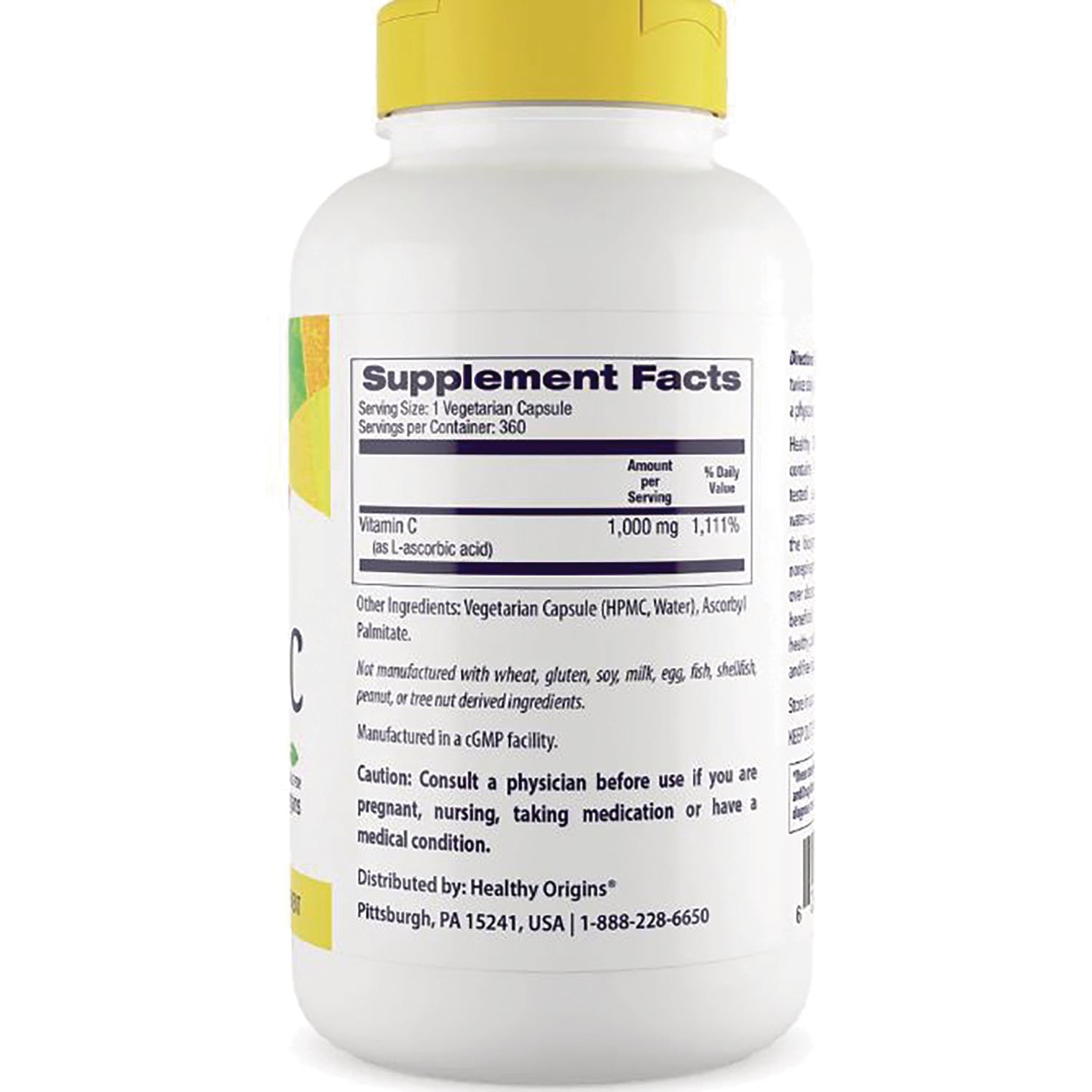 HRG182 | back of white supplement bottle showing Supplement Facts panel, Vitamin C 1,000 mg and caution text