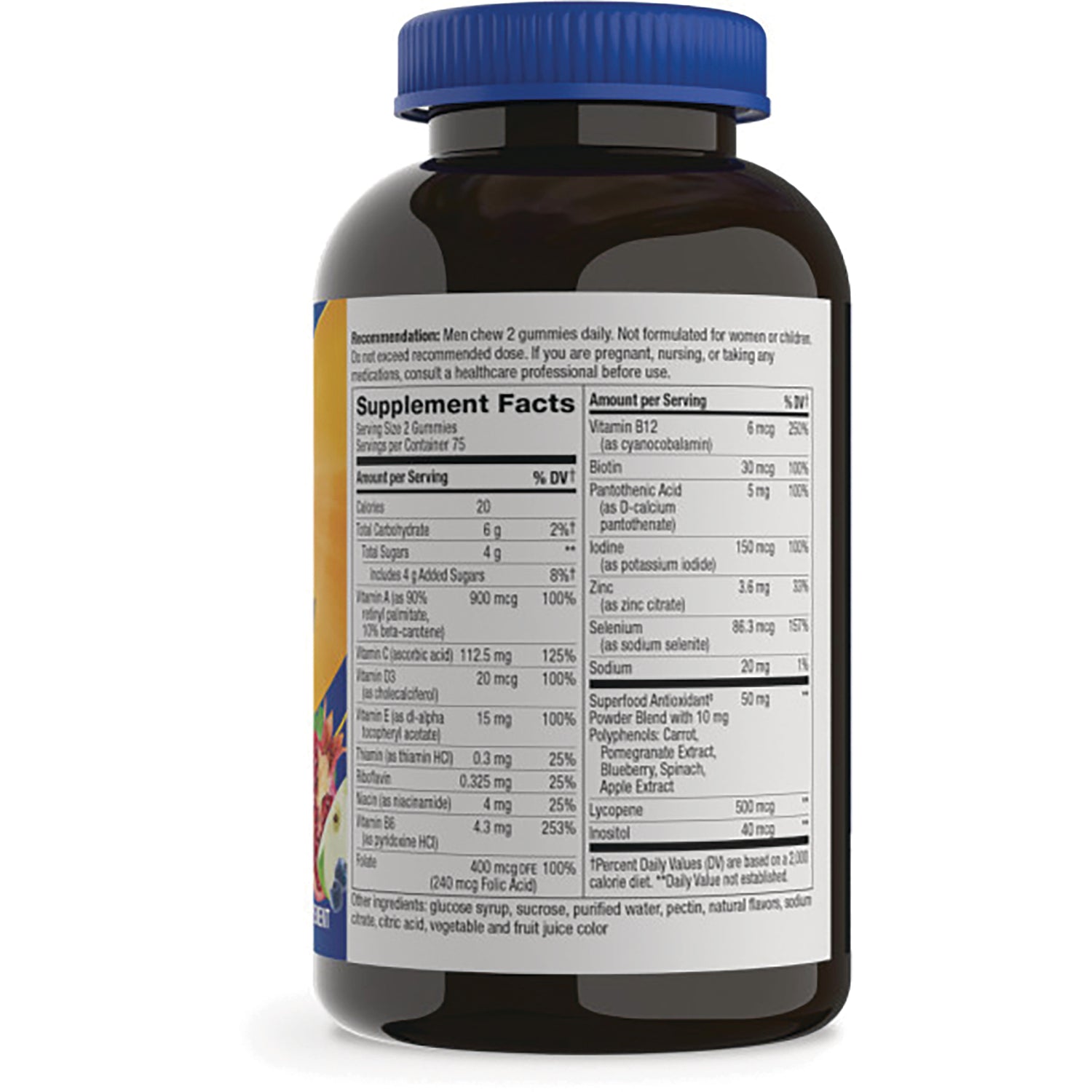 NW1032 | Supplement Facts label and ingredient panel on back of dark supplement bottle with blue cap