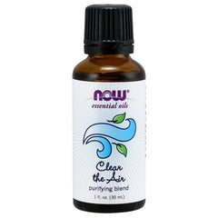 NWF1226 | Amber glass bottle with black cap labeled NOW essential oils Clear the Air purifying blend 1 fl. oz (30 mL)
