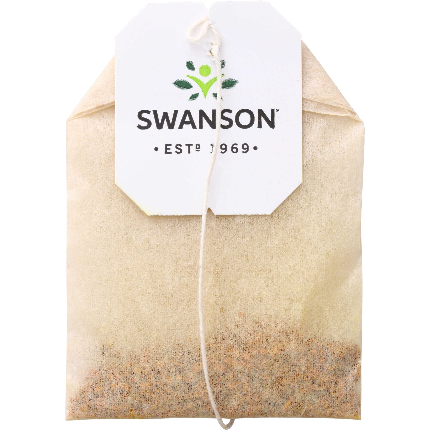 SWF099 | Tea bag with Swanson tag reading "SWANSON ESTD 1969", string attached and tea leaves visible through the filter