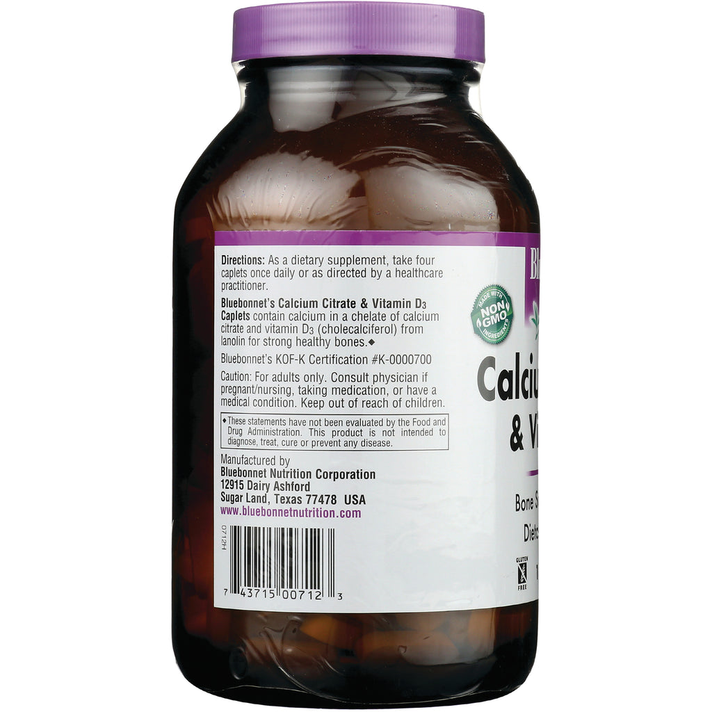 BLU061 | back label of calcium citrate and vitamin D3 bottle showing directions, warnings, manufacturer info and barcode - Thumbnail