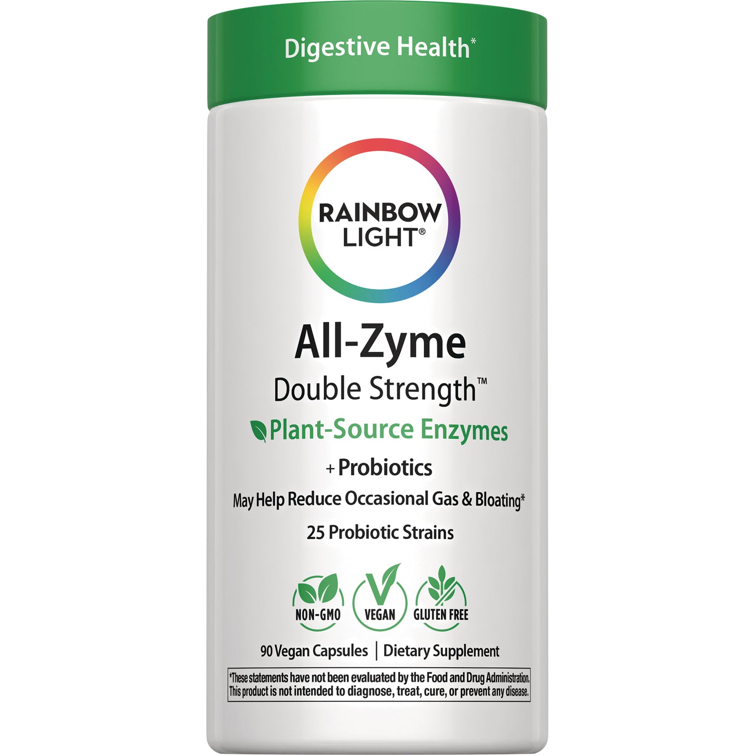 RBL168 | Rainbow Light All-Zyme Double Strength digestive enzyme supplement bottle front label, 90 vegan capsules