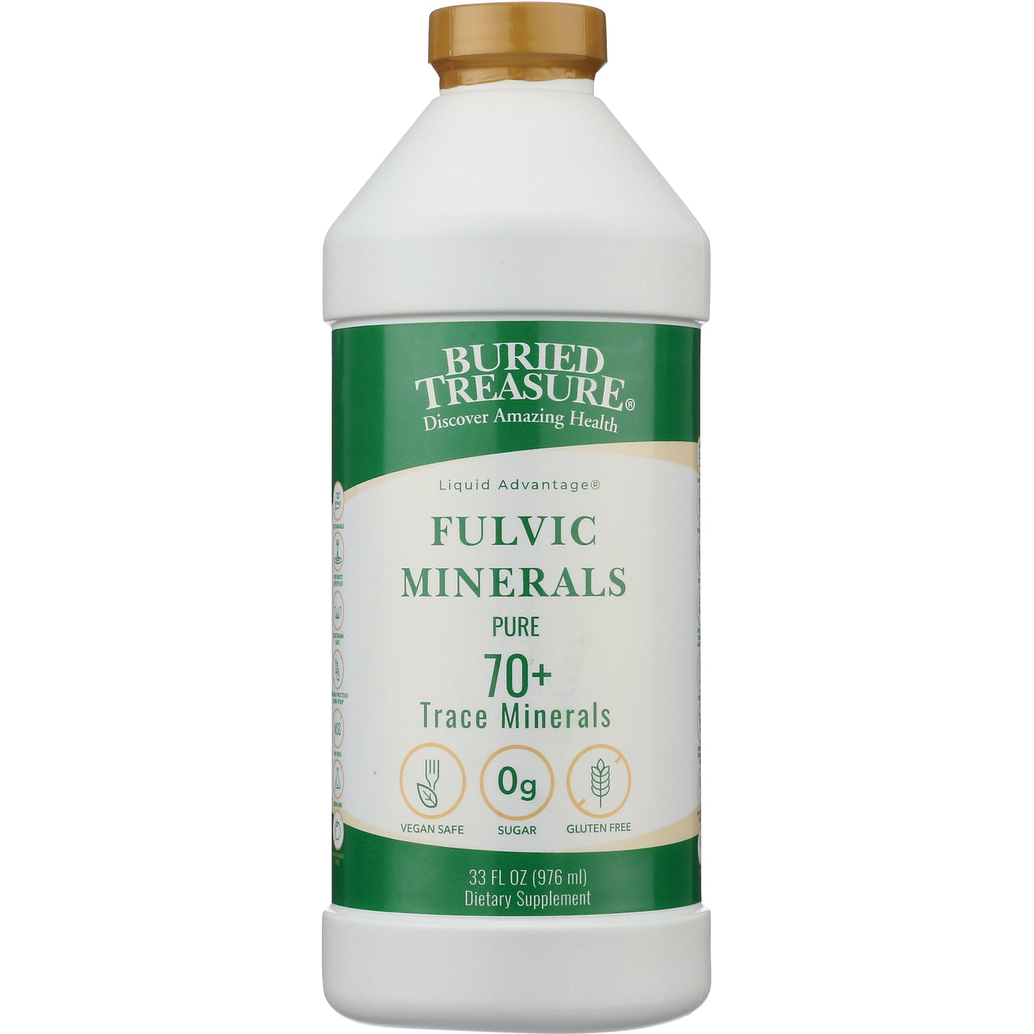 BTR029 | Buried Treasure Fulvic Minerals liquid supplement bottle, Pure 70+ trace minerals, vegan safe, 33 fl oz