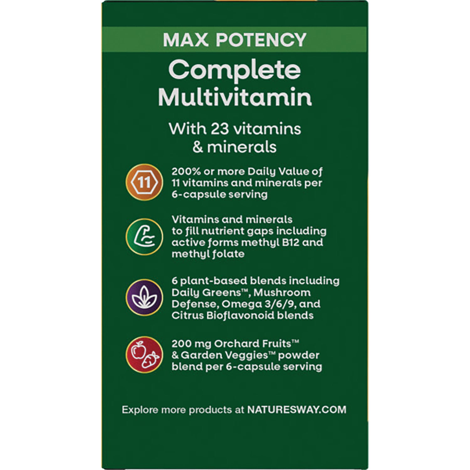 NW684 | Complete Multivitamin infographic showing With 23 vitamins & minerals, 200% DV for 11 nutrients and plant-based blends