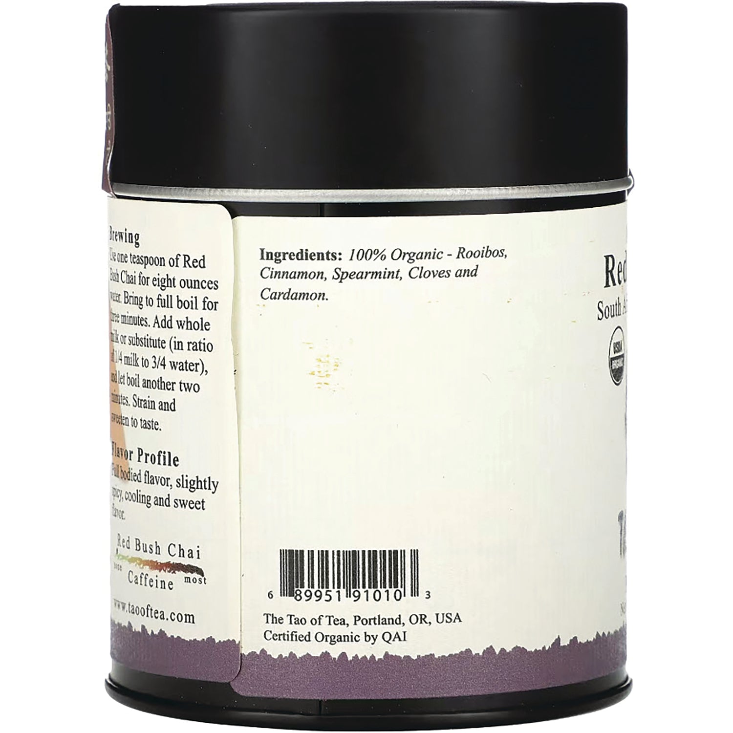 TOT005 | Back of tea tin showing ingredients: 100% Organic Rooibos, Cinnamon, Spearmint, Cloves, Cardamon