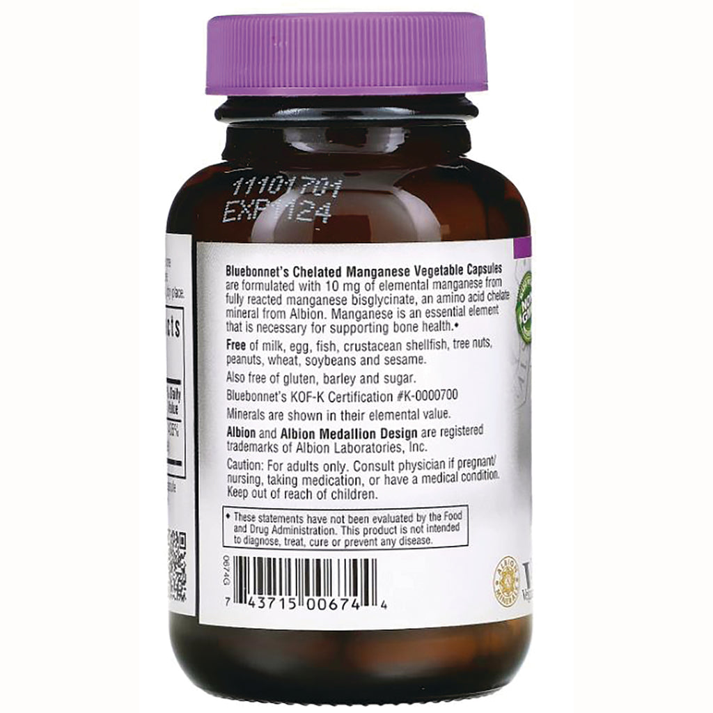 BLU068 | Back of brown supplement bottle with purple cap showing ingredients, warnings, barcode and text Bluebonnet's Chelated Manganese - Thumbnail