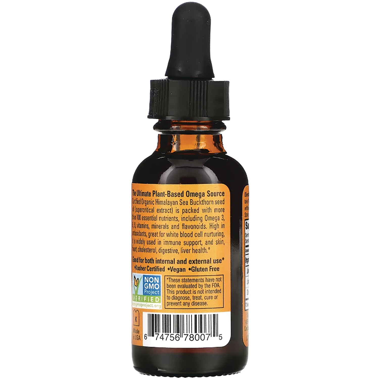 SBW004 | Back of amber dropper bottle showing product label text, Non-GMO Project logo and barcode