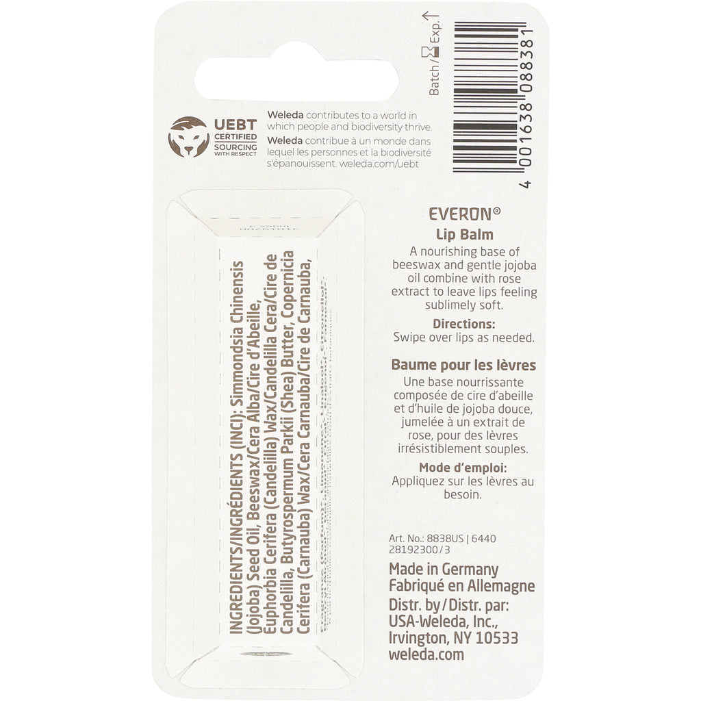 WEL018 | Back of Weleda Everon Lip Balm package showing ingredients, directions, barcode, and UEBT Certified Sourcing seal - Thumbnail