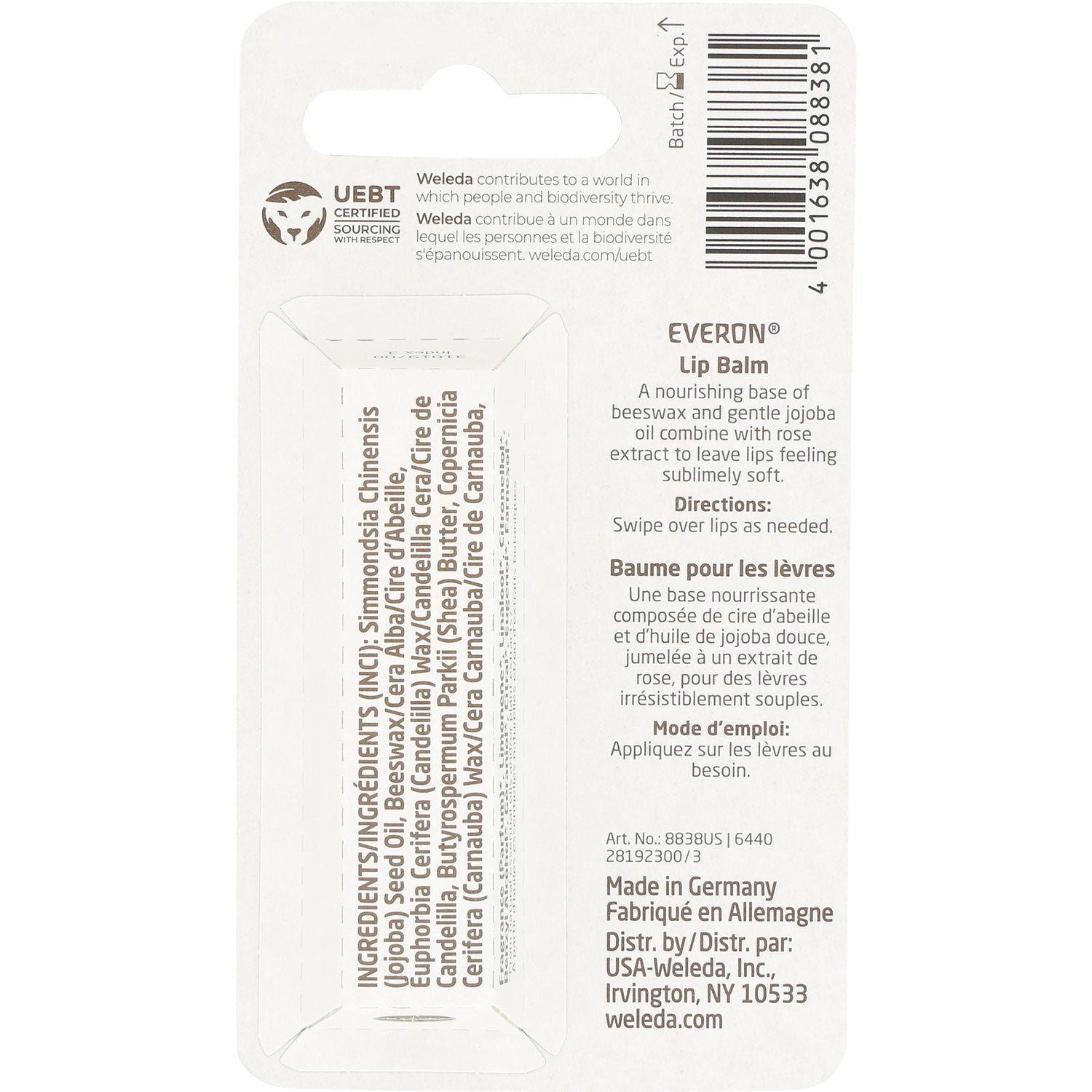 WEL018 | Back of Weleda Everon Lip Balm package showing ingredients, directions, barcode, and UEBT Certified Sourcing seal
