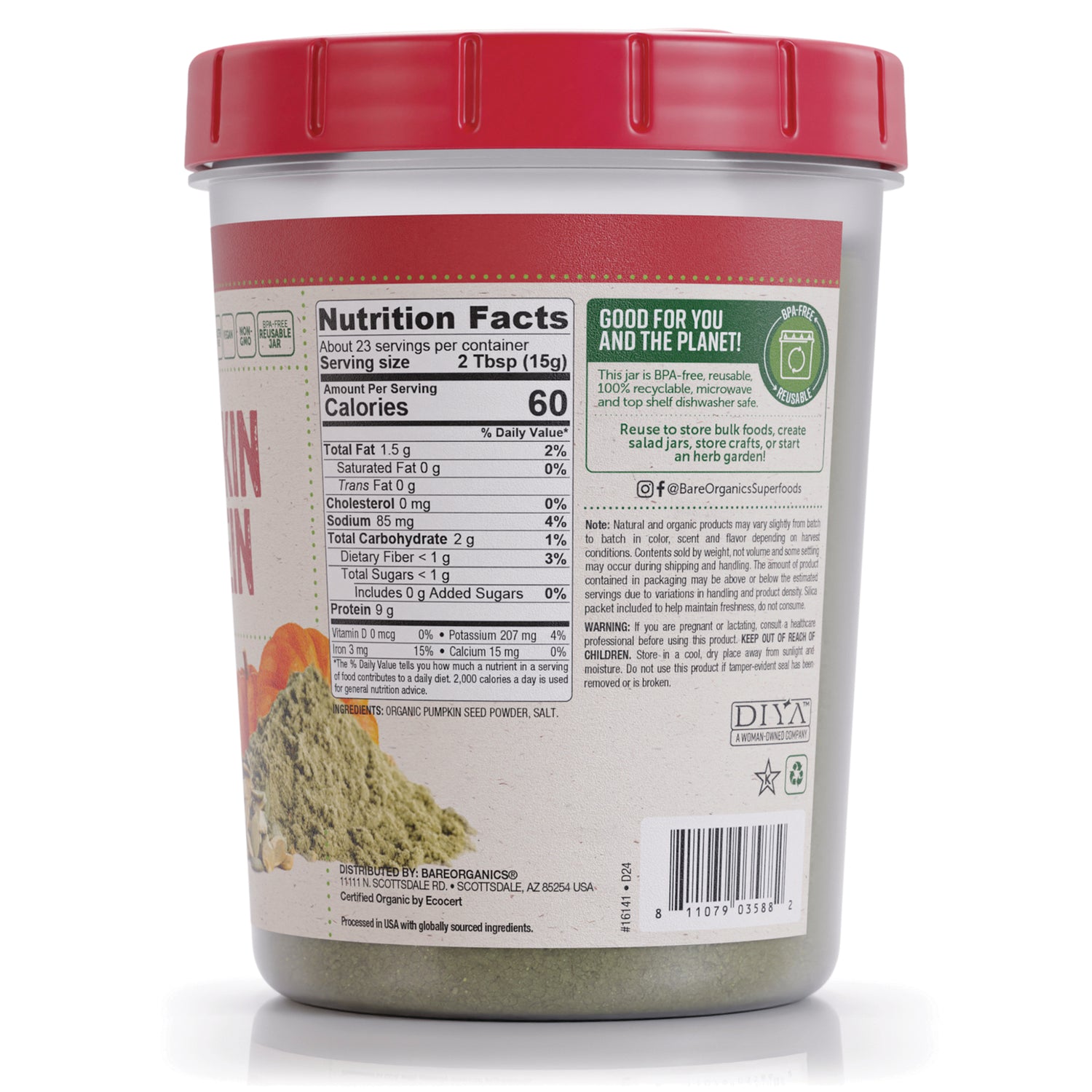 BOR068 | back label with Nutrition Facts panel, product info and barcode on red-lidded powder container