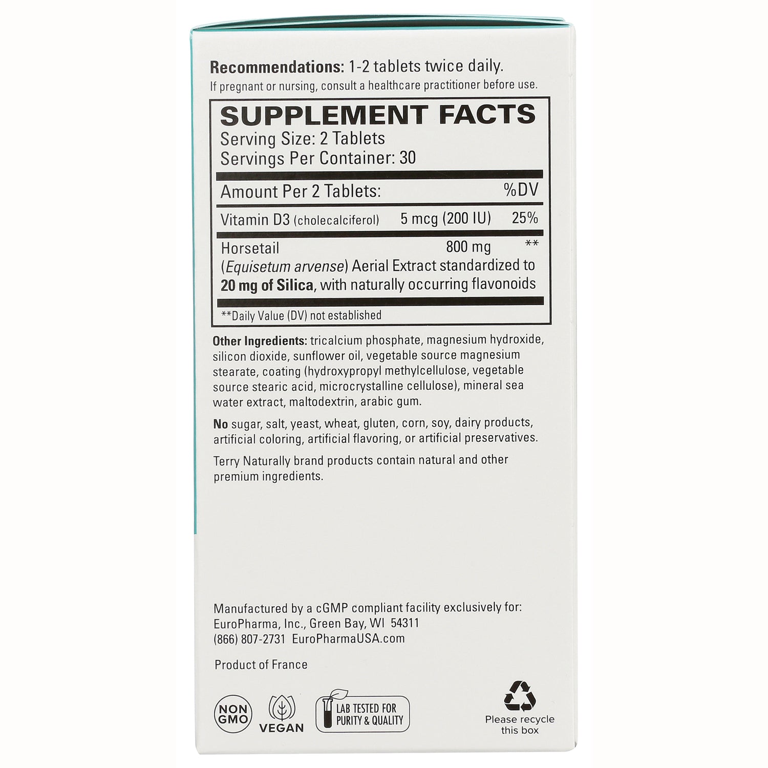 EUR019 | Back panel showing Supplement Facts with serving size 2 tablets, Vitamin D3 5 mcg (200 IU), Horsetail 800 mg and other ingredients