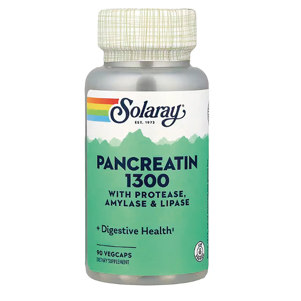 SLR438 | Solaray Pancreatin 1300 digestive supplement bottle with green label, 90 vegcaps - Thumbnail