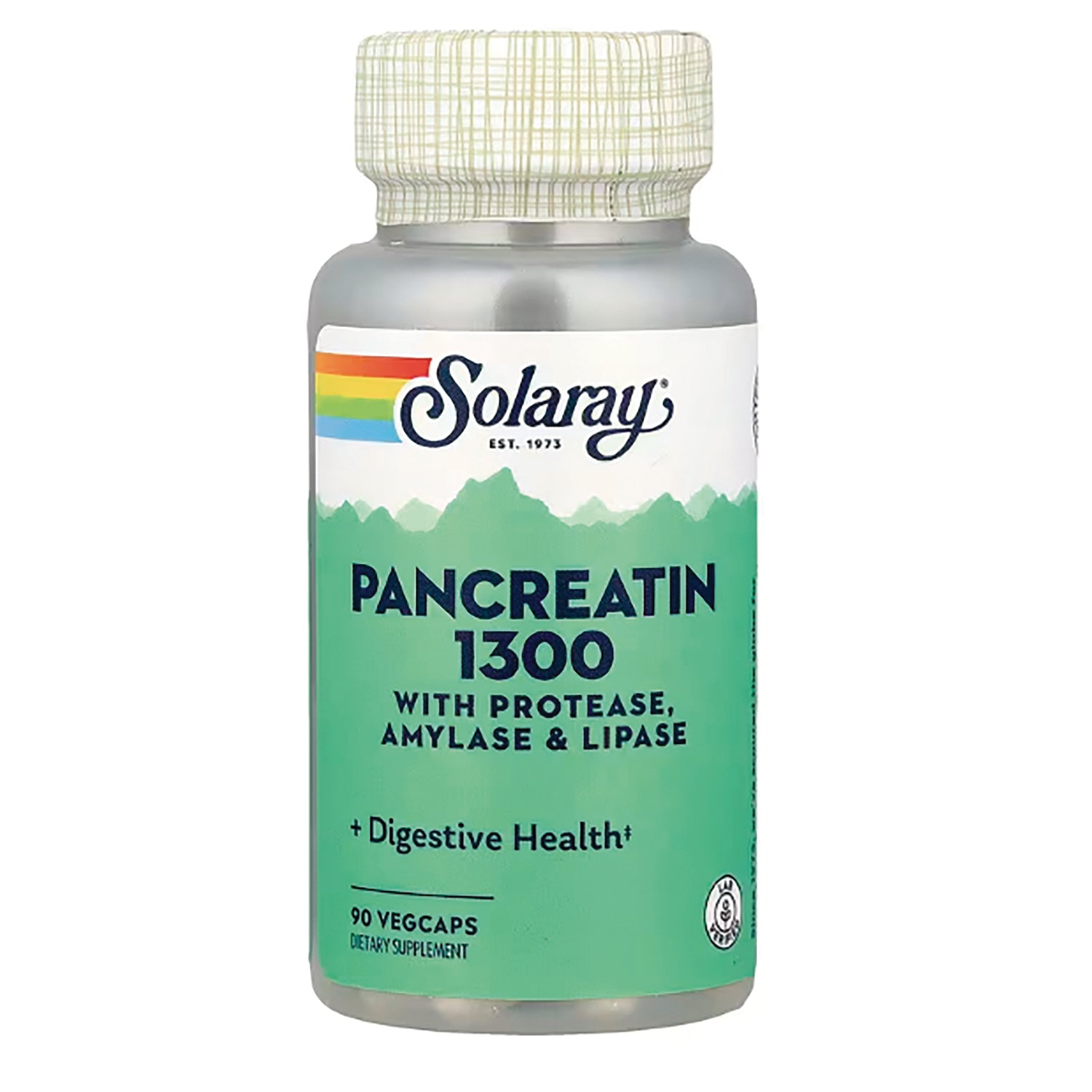 SLR438 | Solaray Pancreatin 1300 digestive supplement bottle with green label, 90 vegcaps