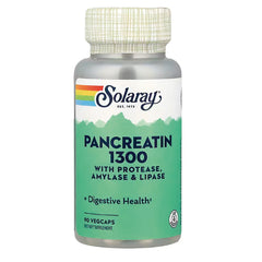 SLR438 | Solaray Pancreatin 1300 digestive supplement bottle with green label, 90 vegcaps