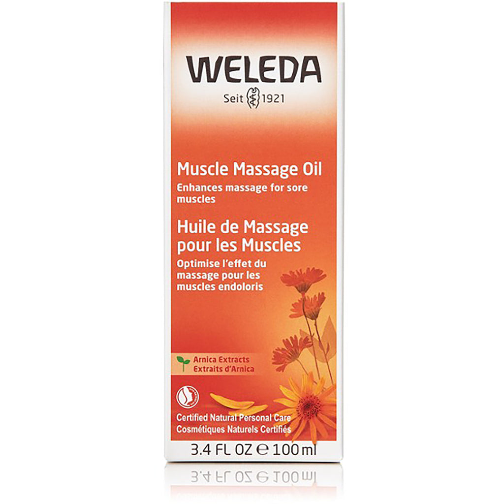 WEL003 | Weleda Muscle Massage Oil box front with arnica flowers, 3.4 fl oz 100 ml - Thumbnail