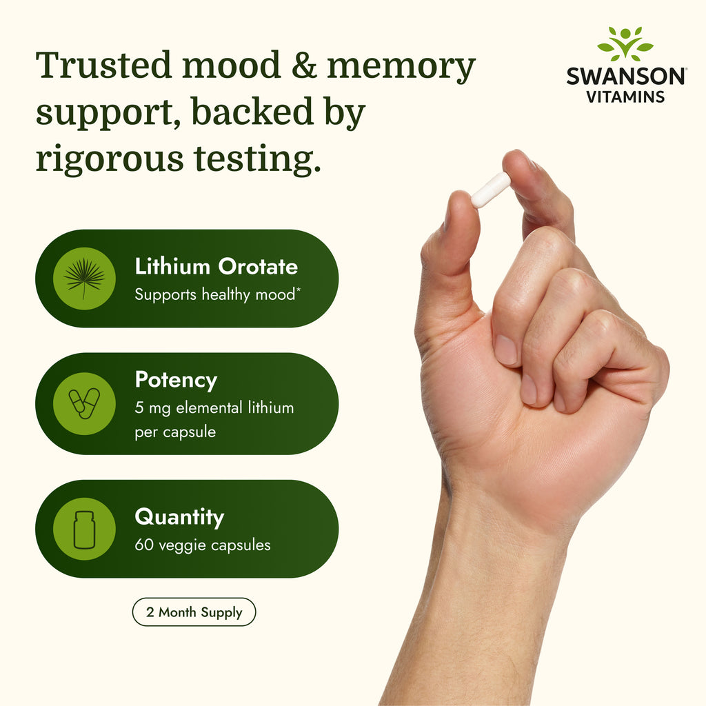 SWU913 | Lithium orotate infographic highlighting mood support, 5 mg per capsule, 60 veggie capsules, and 2 month supply - Thumbnail