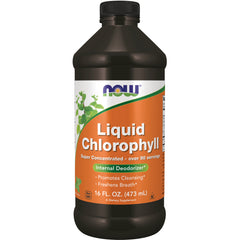 NWF1145 | Brown bottle of NOW Liquid Chlorophyll supplement 16 FL. OZ. label reading Internal Deodorizer and promotes cleansing