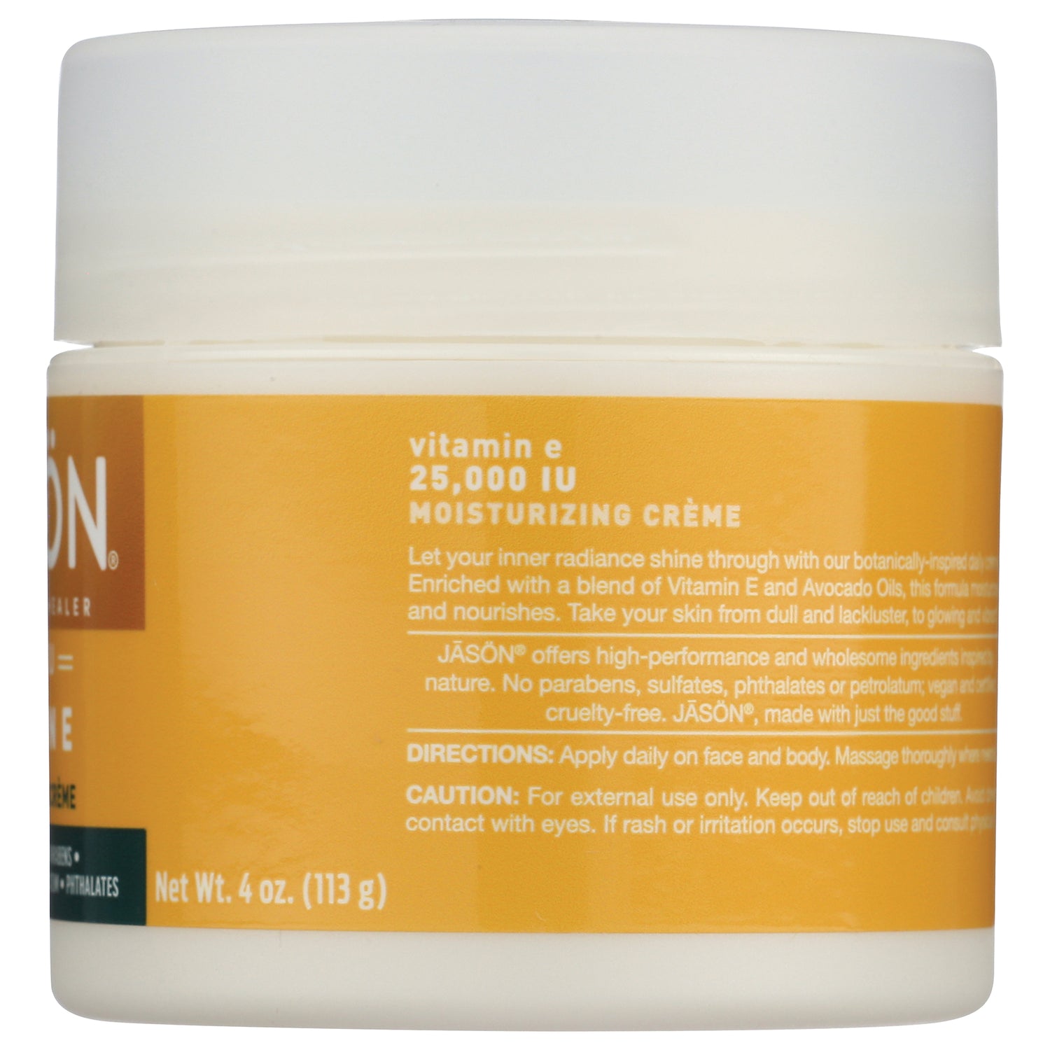 JC053 | Back label of jar reading vitamin e 25,000 IU moisturizing crme, directions, caution and net wt 4 oz (113 g)