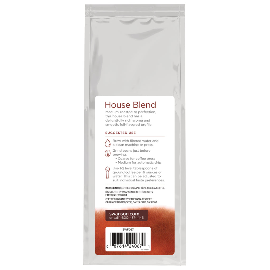 SWF067 | House Blend coffee bag back label with suggested use, ingredients, and barcode - Thumbnail