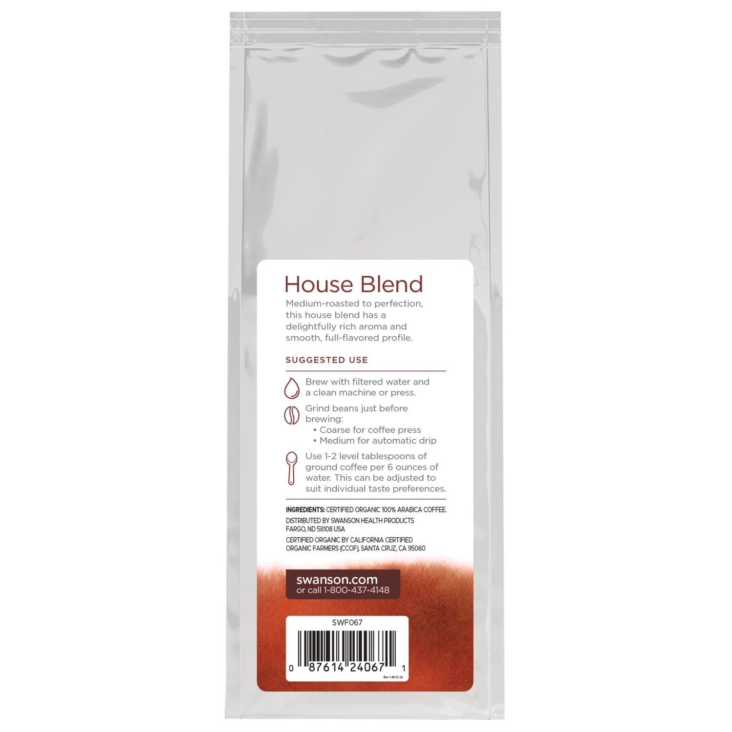 SWF067 | House Blend coffee bag back label with suggested use, ingredients, and barcode