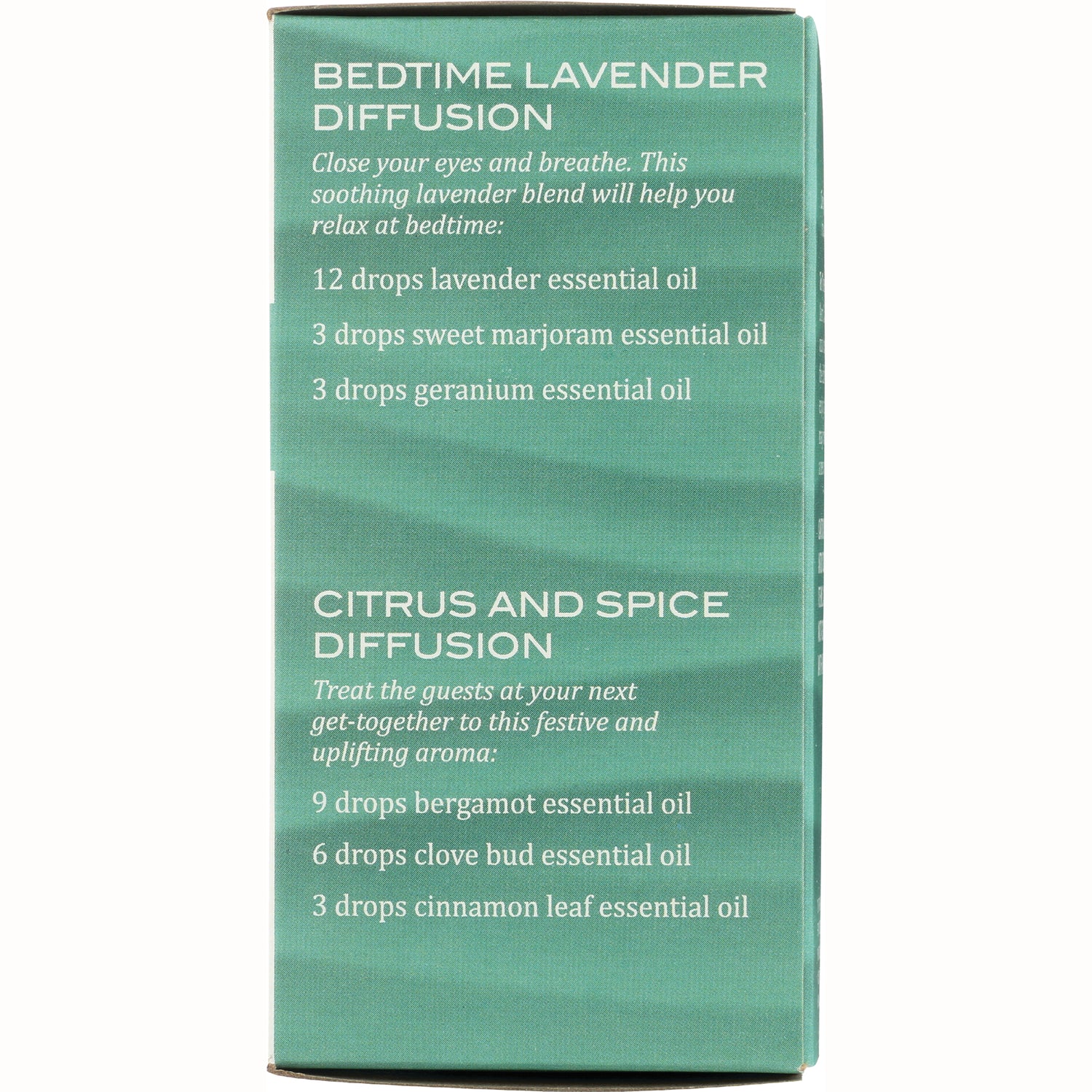 ARC018 | Green product infographic panel listing 'Bedtime Lavender Diffusion' and 'Citrus and Spice Diffusion' recipes