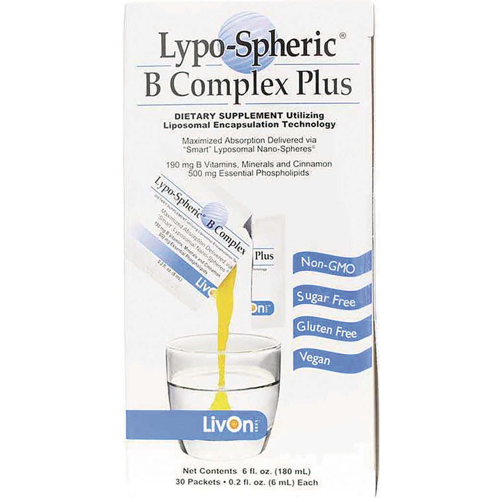 LVL005 | Lypo-Spheric B Complex Plus box front showing sachet pouring yellow liquid into a glass with Non-GMO Sugar Free Gluten Free Vegan badges - Thumbnail