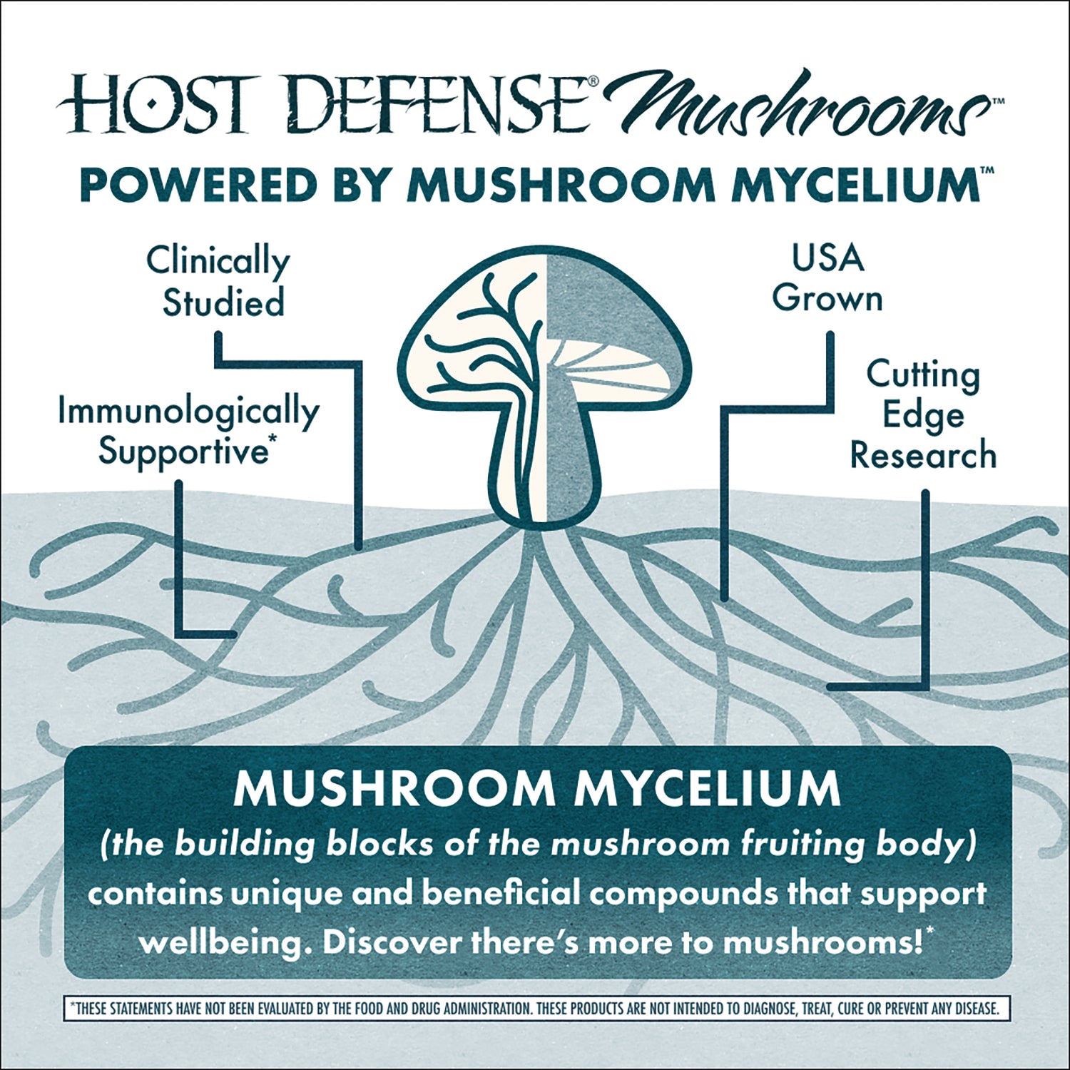 FUN059 | Host Defense Mushrooms infographic about mushroom mycelium, clinical studies, and USA-grown research