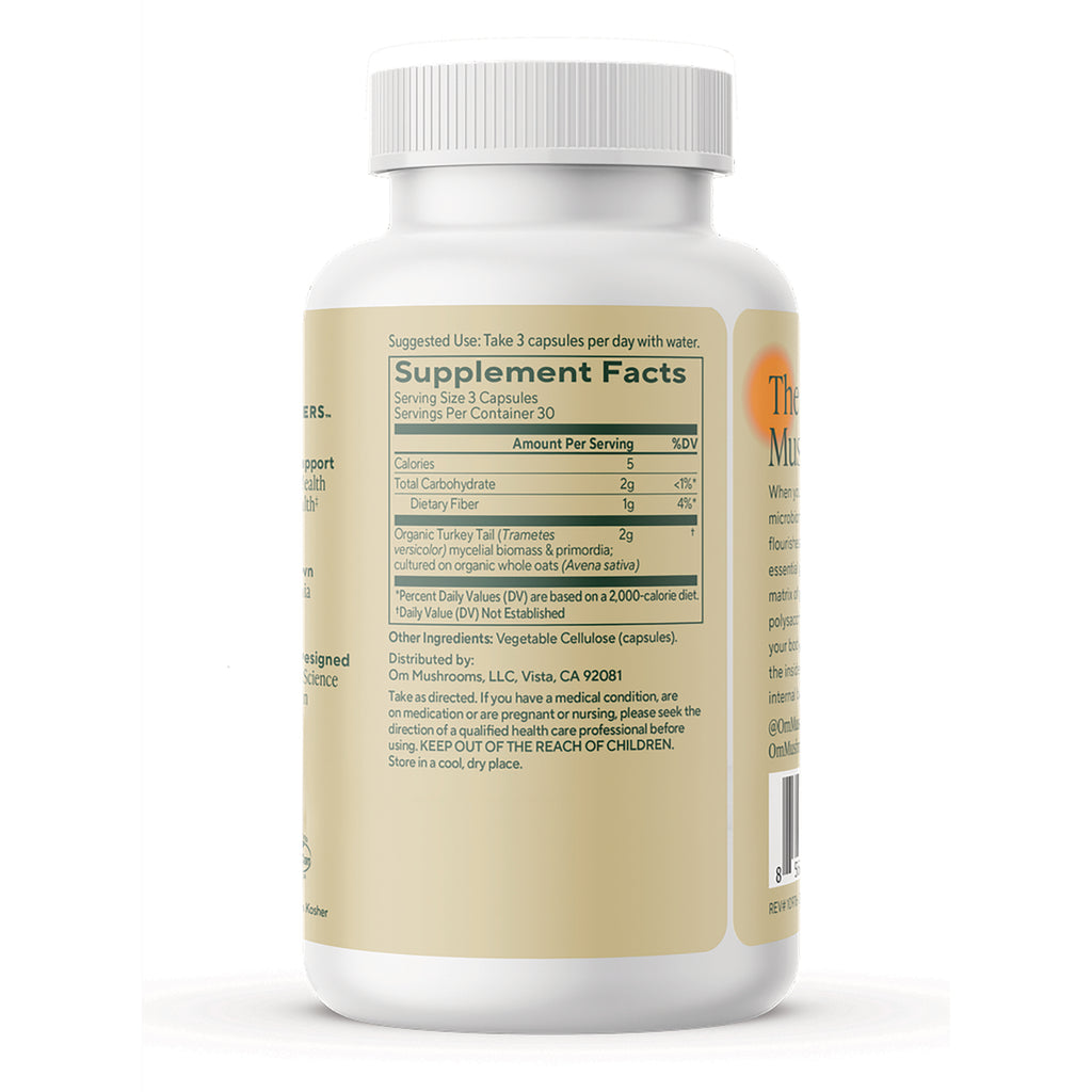 MMX024 | Back label showing Supplement Facts, serving size 3 capsules and 2000mg organic turkey tail mushroom - Thumbnail