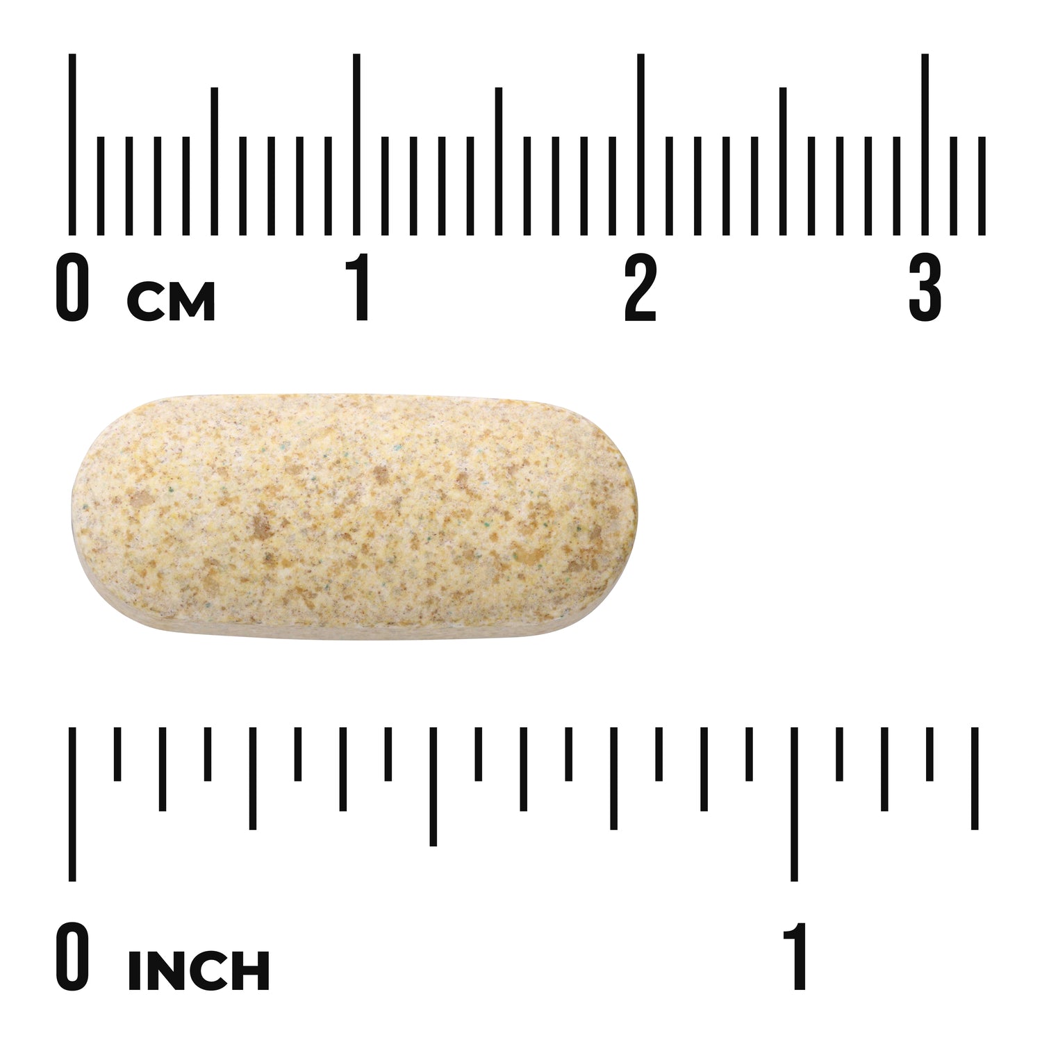 SW250 | Oval speckled tablet shown with centimeter and inch rulers indicating about 2.5 cm length