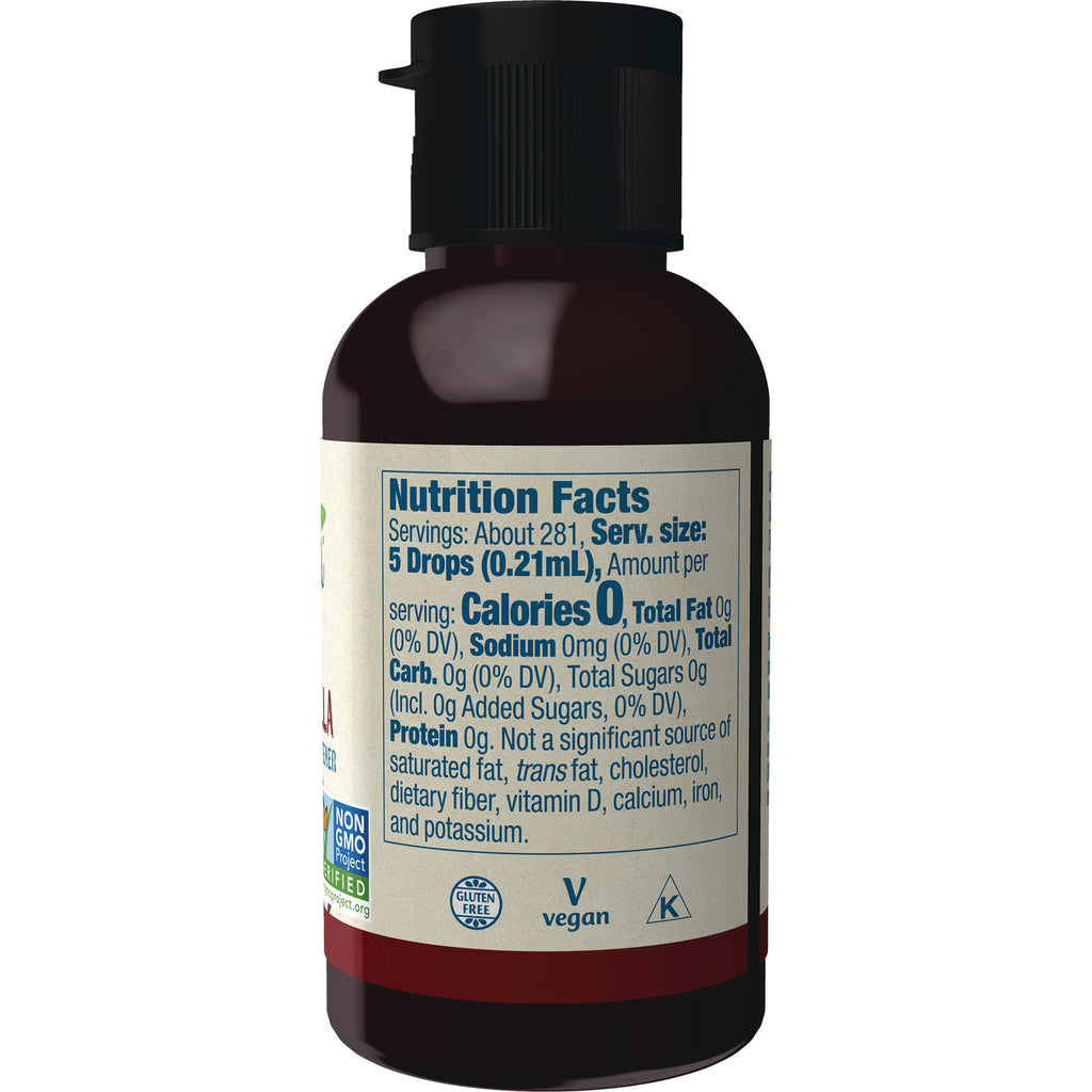 NWF1167 | Bottle back showing Nutrition Facts label with serving size 5 Drops (0.21 mL), Calories 0, gluten free and vegan icons - Thumbnail