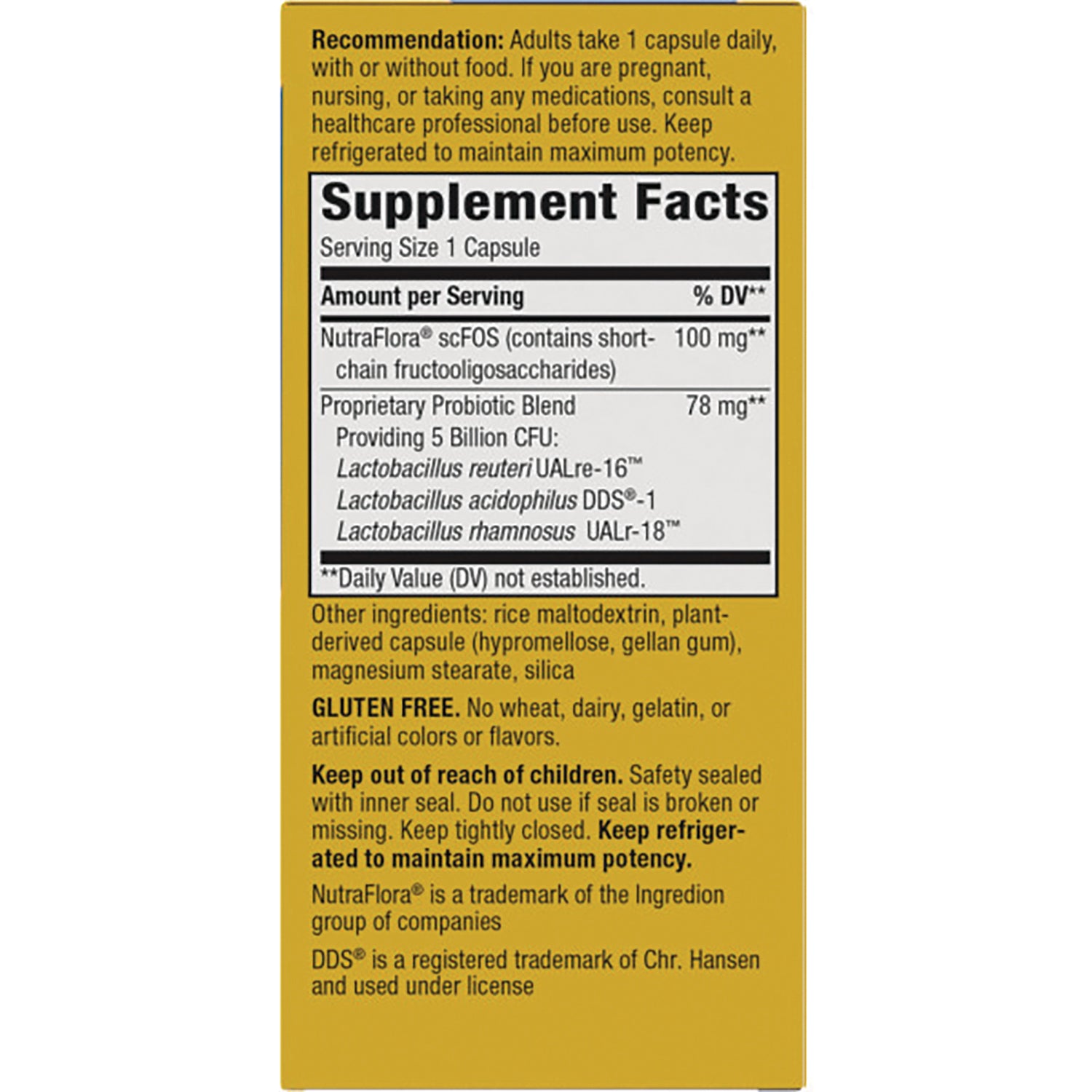 NW634 | Supplement Facts panel showing serving size 1 capsule, proprietary probiotic blend, other ingredients and warnings