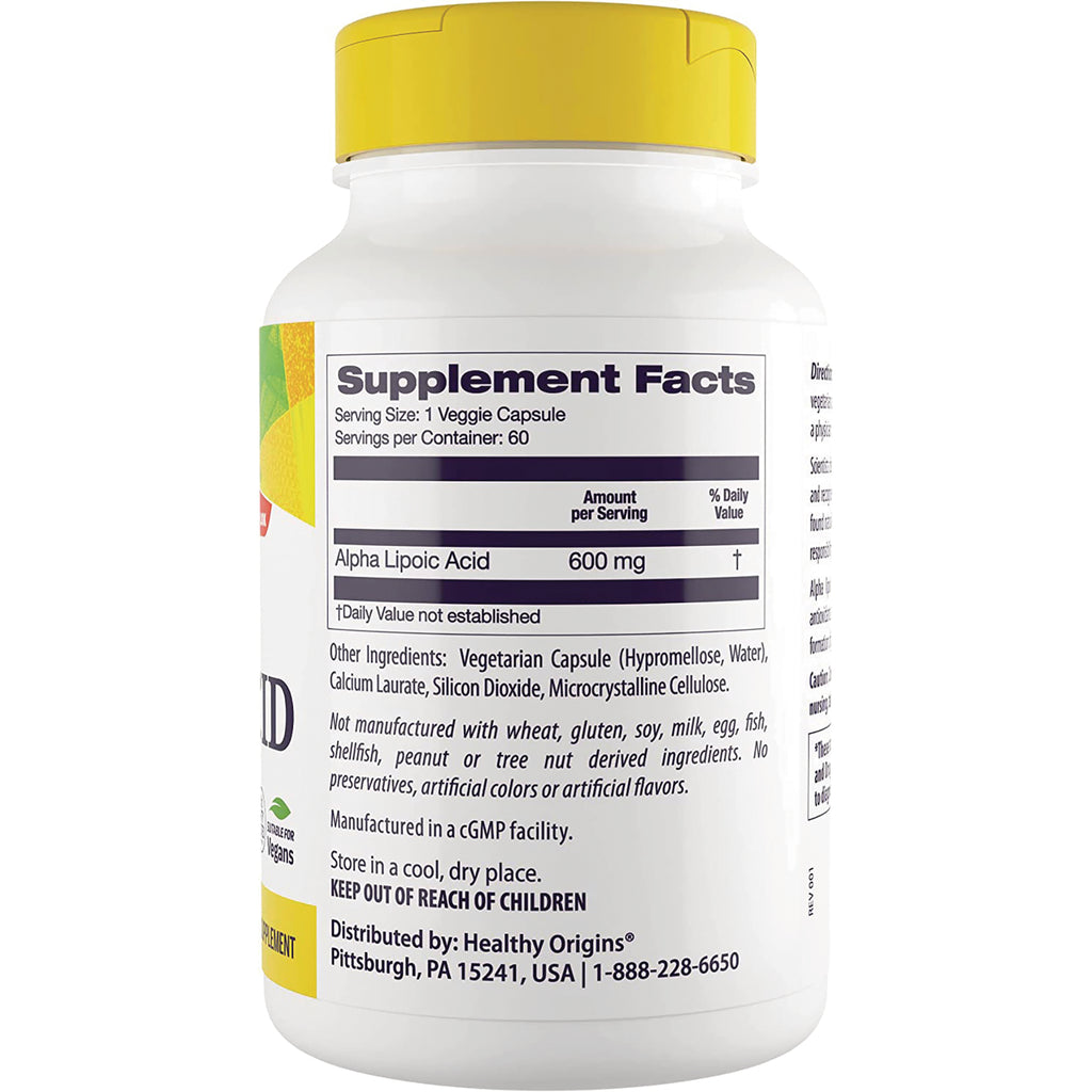 HRG052 | Back of white supplement bottle showing Supplement Facts panel listing Alpha Lipoic Acid 600 mg and ingredients - Thumbnail