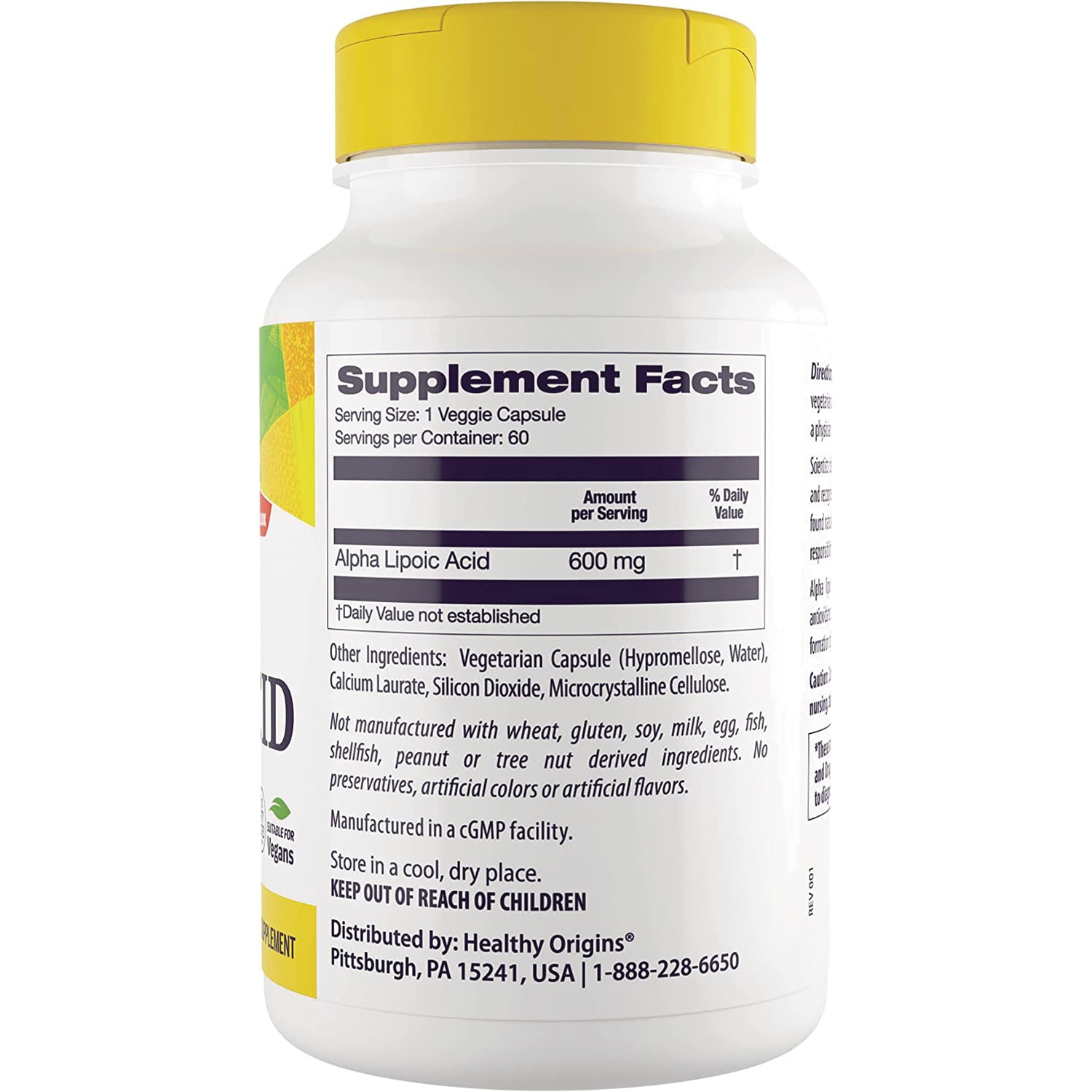 HRG052 | Back of white supplement bottle showing Supplement Facts panel listing Alpha Lipoic Acid 600 mg and ingredients