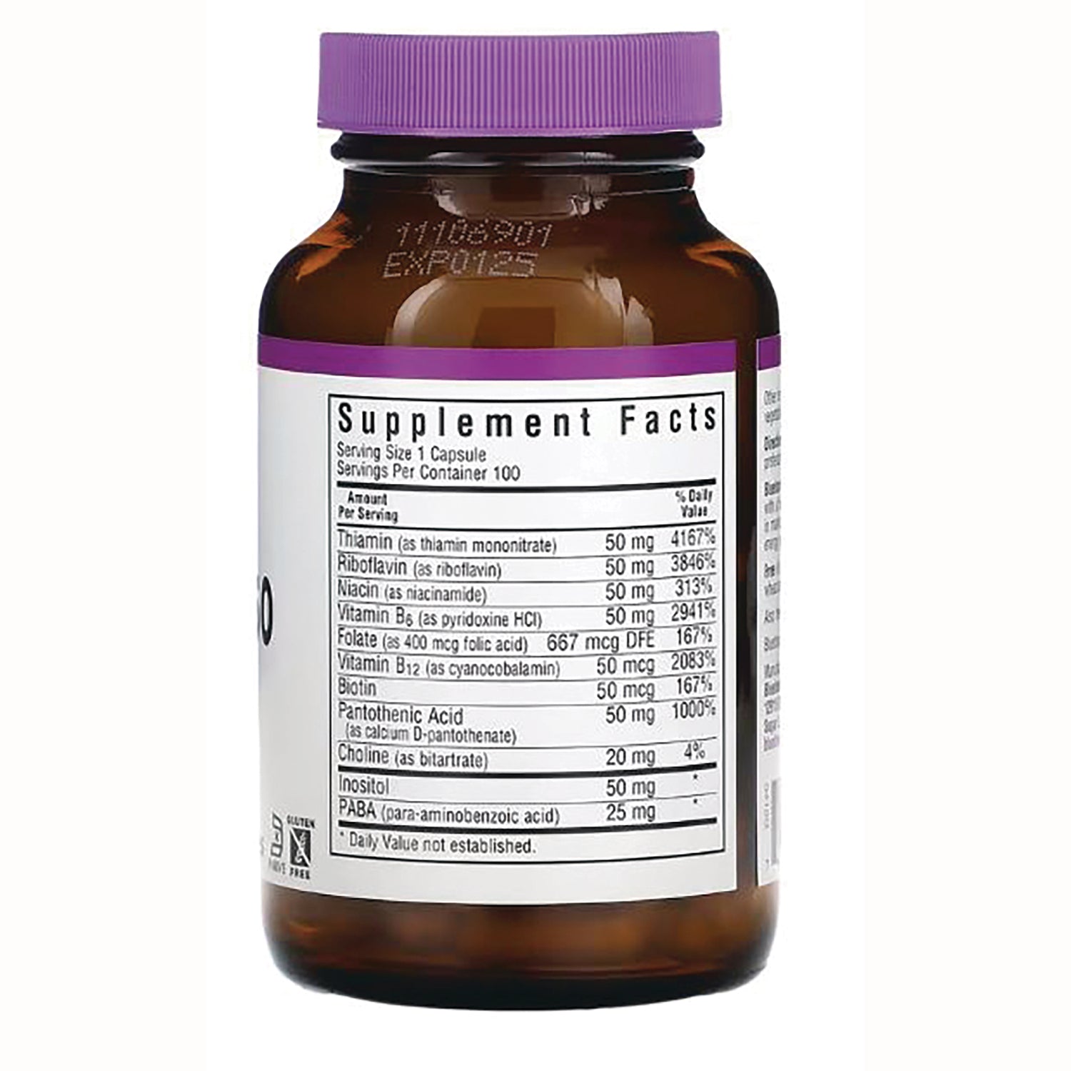 BLU055 | Brown supplement bottle back with purple cap showing Supplement Facts nutrition label and ingredient amounts