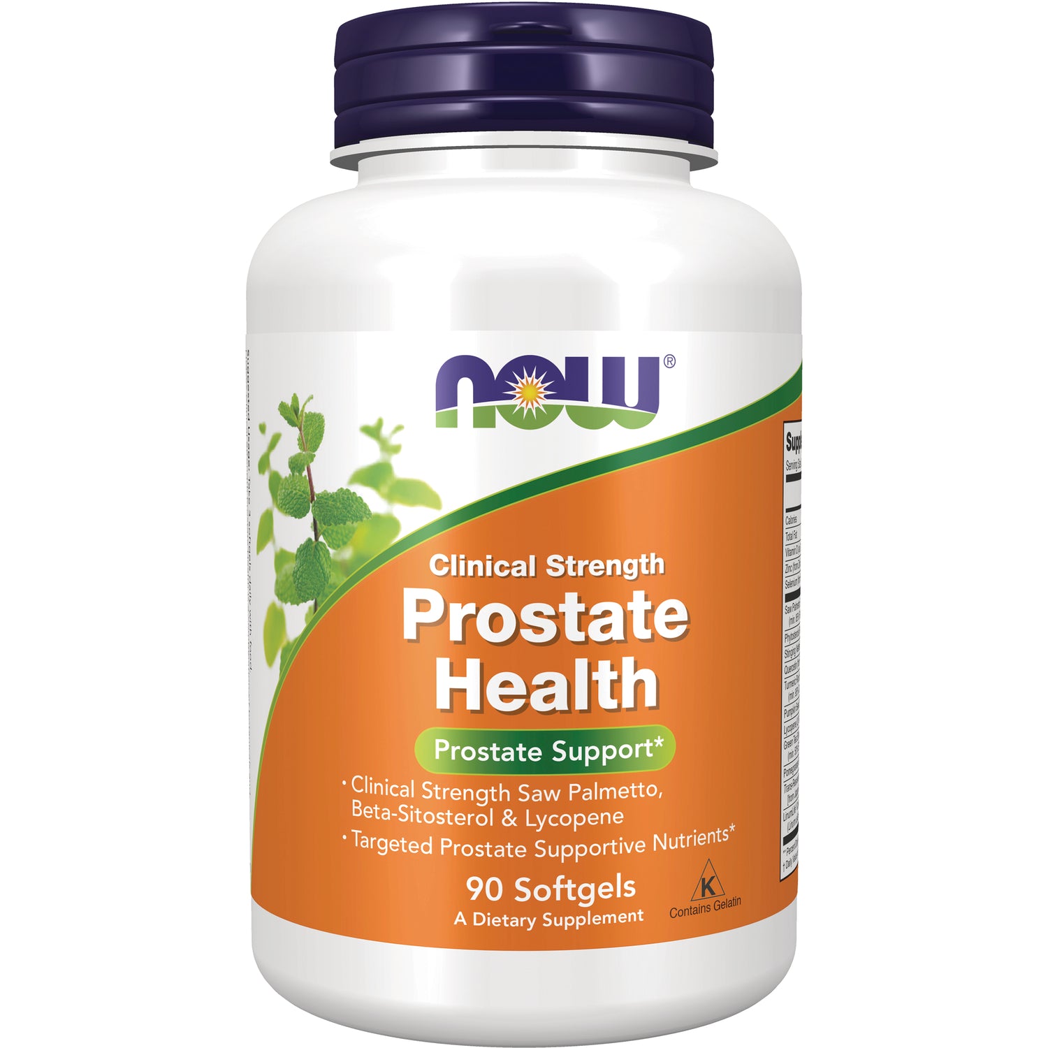 NWF1154 | Front view of NOW Clinical Strength Prostate Health 90 softgels white bottle with orange label and purple cap