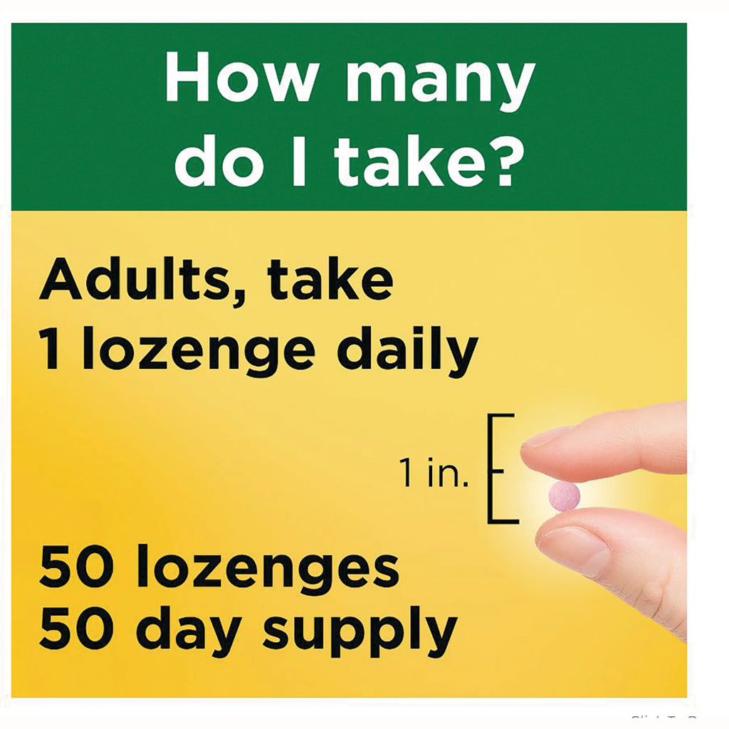 NTM047 | Back panel showing dosing: Adults take 1 pink lozenge daily, 50 lozenges 50 day supply, hand holding lozenge - Thumbnail