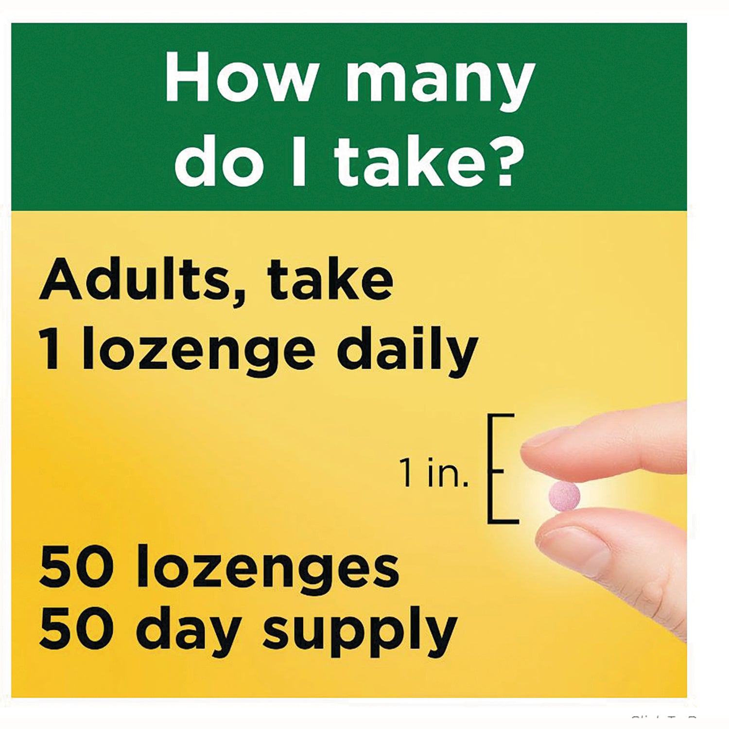 NTM047 | Back panel showing dosing: Adults take 1 pink lozenge daily, 50 lozenges 50 day supply, hand holding lozenge