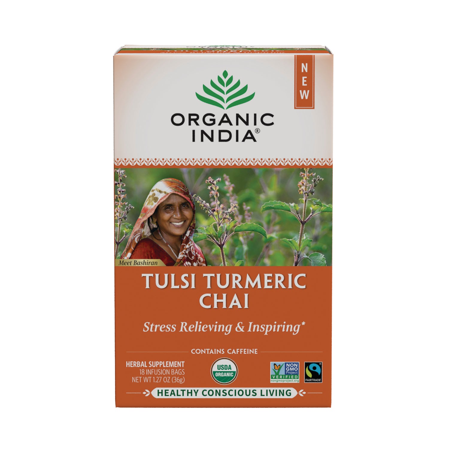 RGN107 | Organic India TULSI TURMERIC CHAI front box with logo, smiling woman and plant image