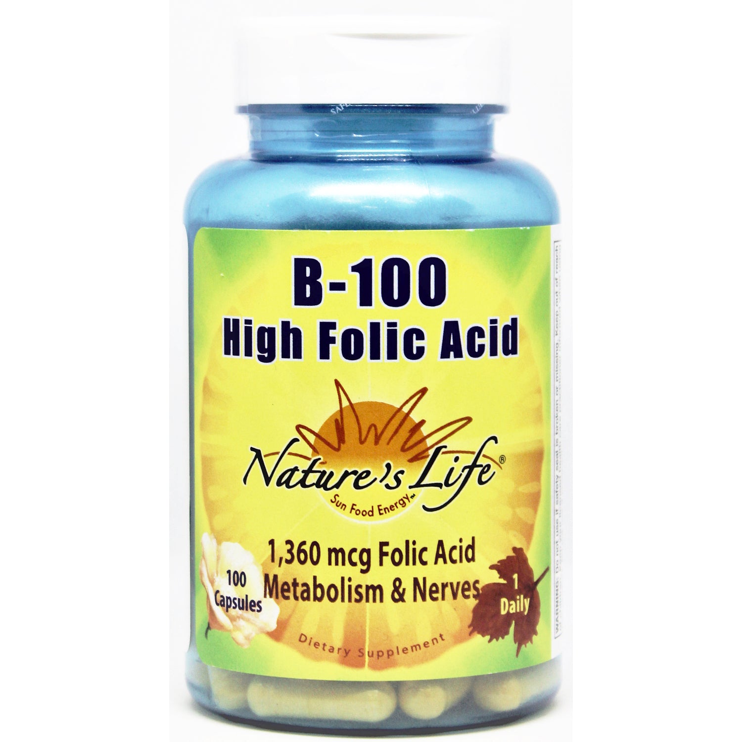 NSL041 | Nature's Life B-100 High Folic Acid supplement bottle with yellow label, 100 capsules