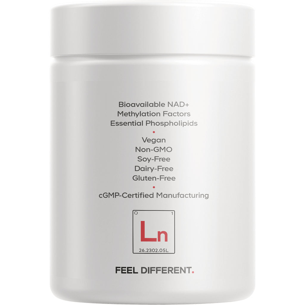 CDG019 | Back of white supplement jar listing Bioavailable NAD+, methylation factors, essential phospholipids and dietary claims - Thumbnail