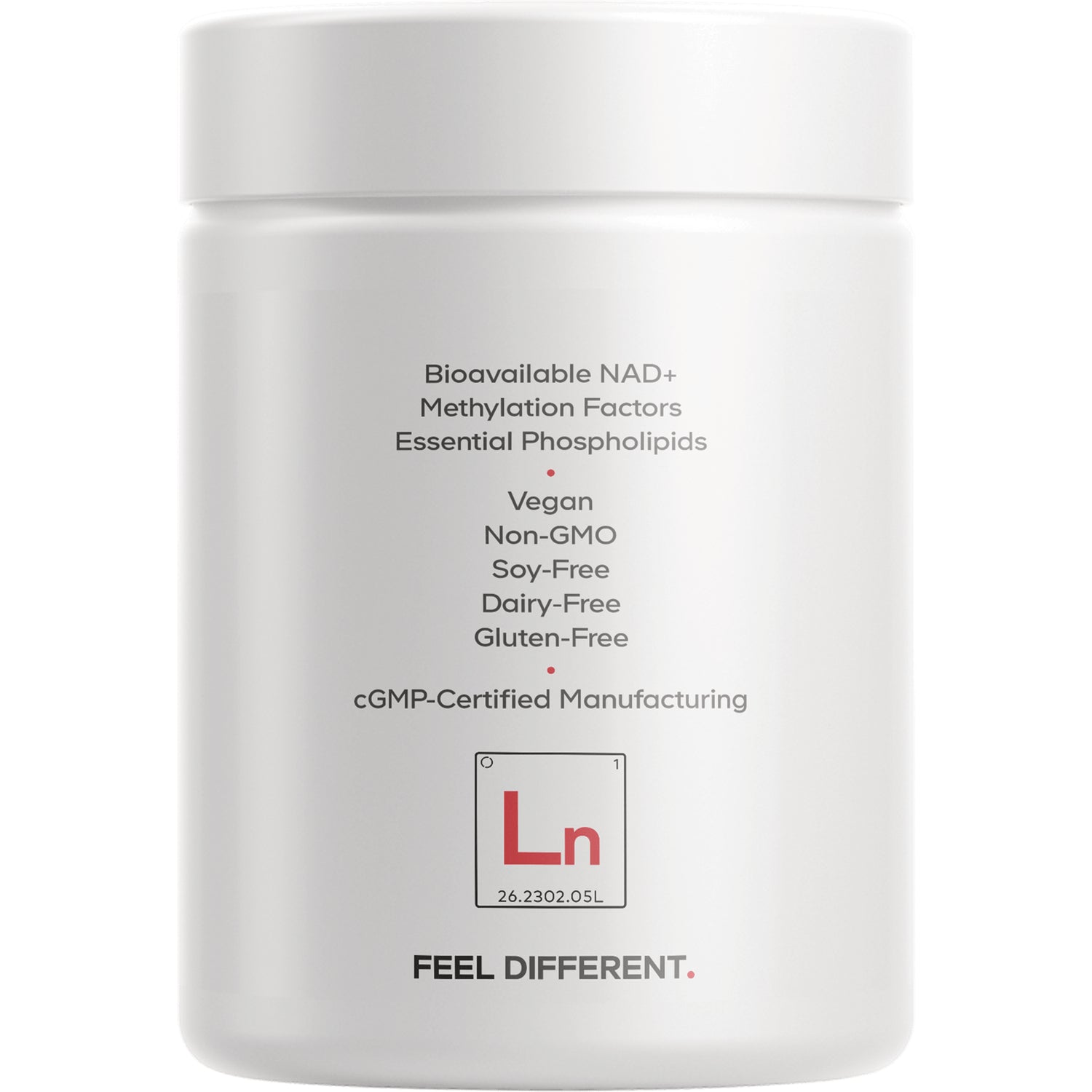 CDG019 | Back of white supplement jar listing Bioavailable NAD+, methylation factors, essential phospholipids and dietary claims