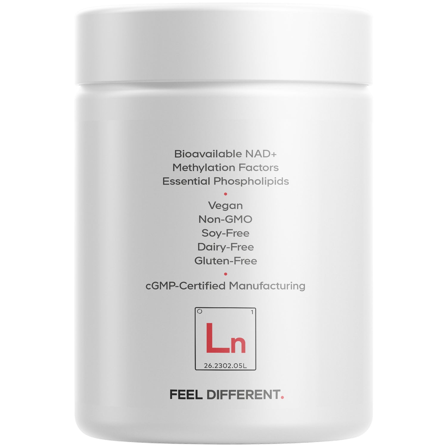 CDG019 | Back of white supplement jar listing Bioavailable NAD+, methylation factors, essential phospholipids and dietary claims