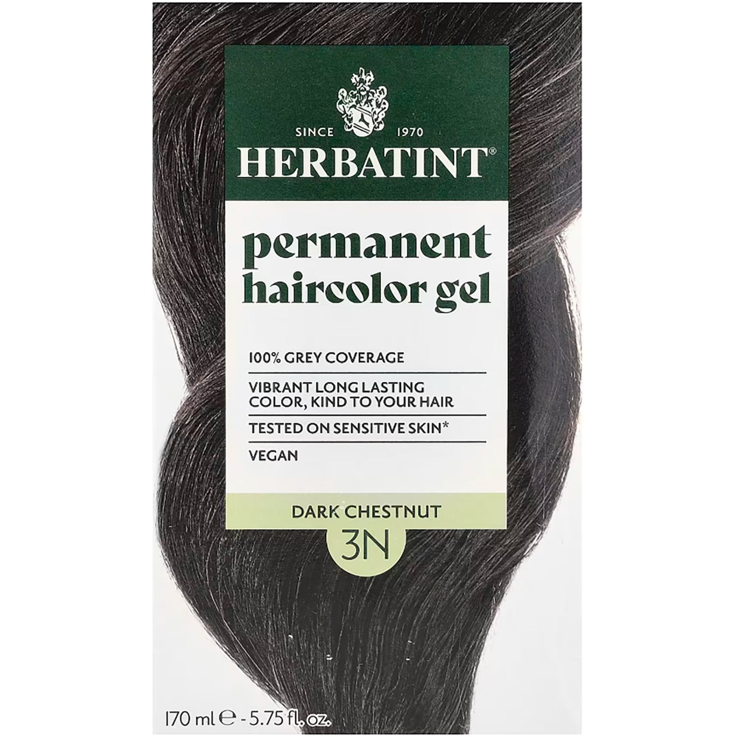 HBT004 | Herbatint permanent haircolor gel 3N Dark Chestnut front box showing branding and model's face
