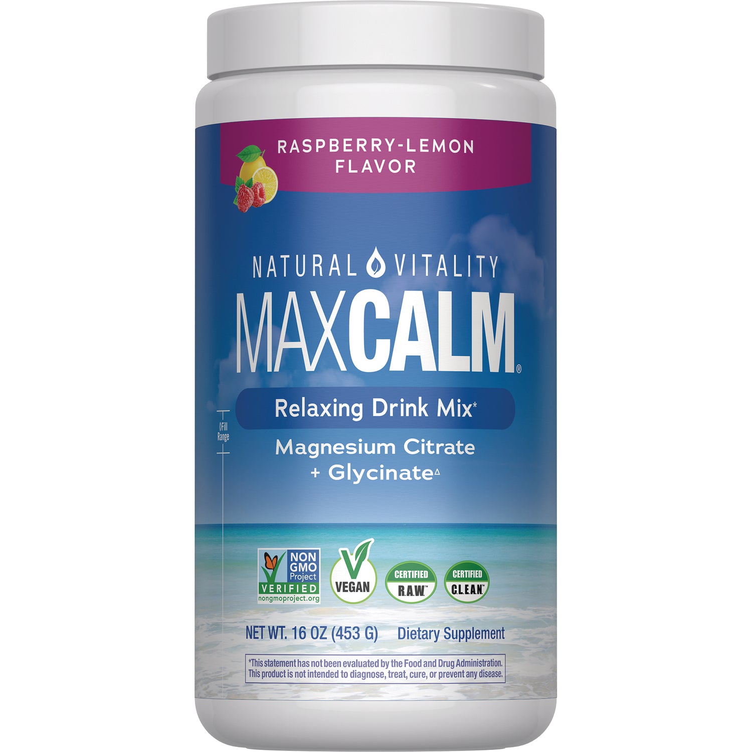 NVT002 | Natural Vitality CALM magnesium supplement raspberry-lemon drink mix tub, 16 oz
