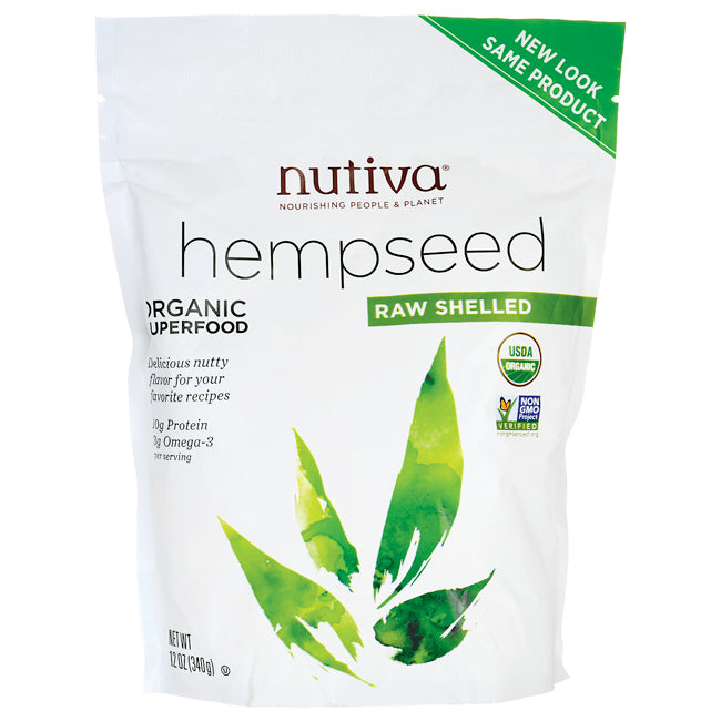 NTV016 | Nutiva hempseed raw shelled organic pouch front showing green leaf artwork and branding