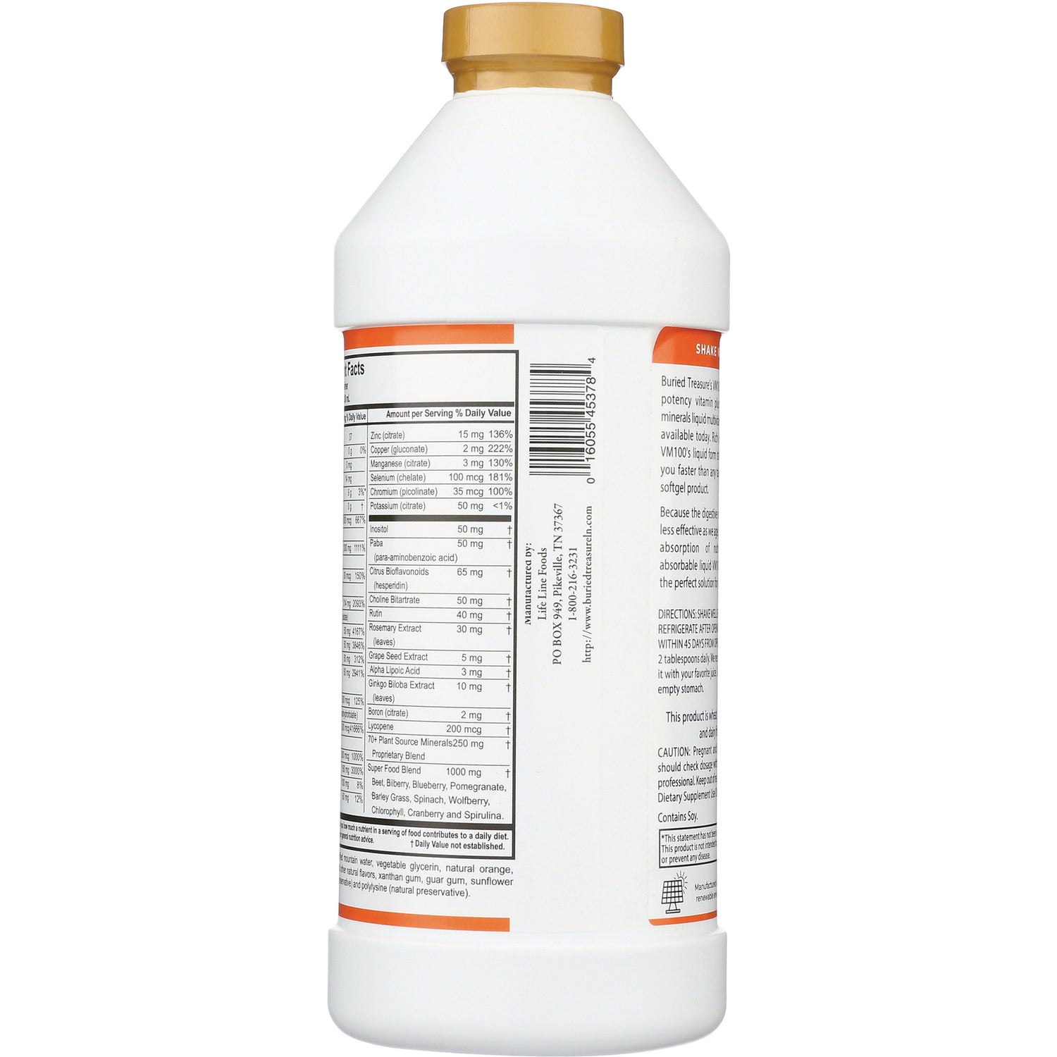 BTR005 | Back of white supplement bottle showing nutrition facts and directions on label