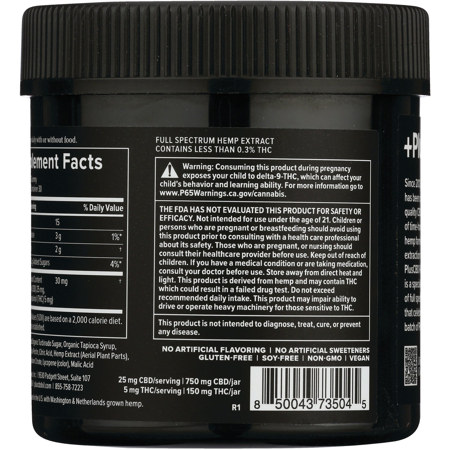 Back label of black CBD jar showing supplement facts, warning text, dosage details and barcode