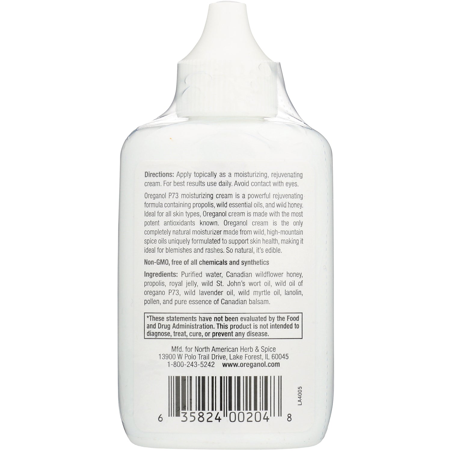 NHS007 | Back of white squeeze bottle showing directions, ingredients, FDA disclaimer and barcode