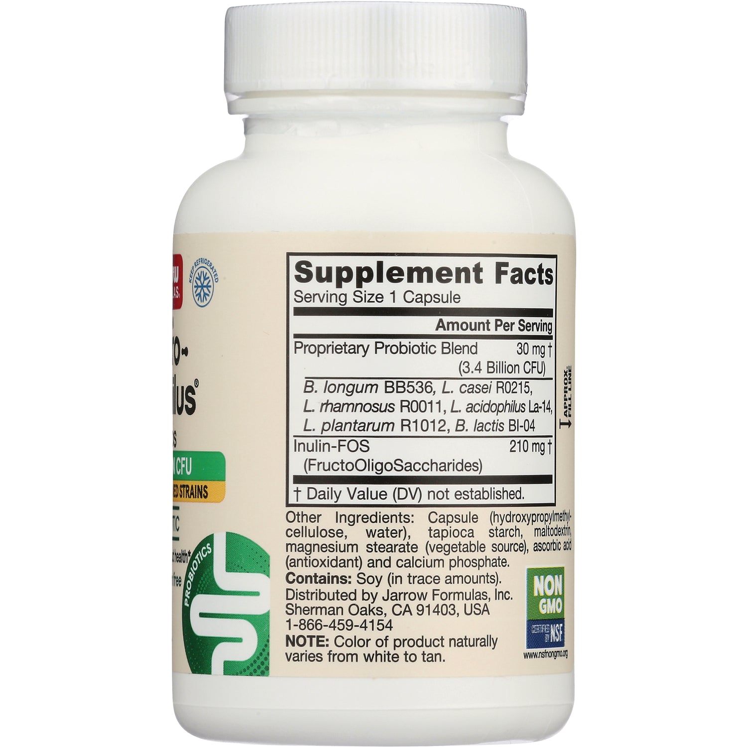 JR020 | Back of white supplement bottle showing Supplement Facts panel and ingredient list