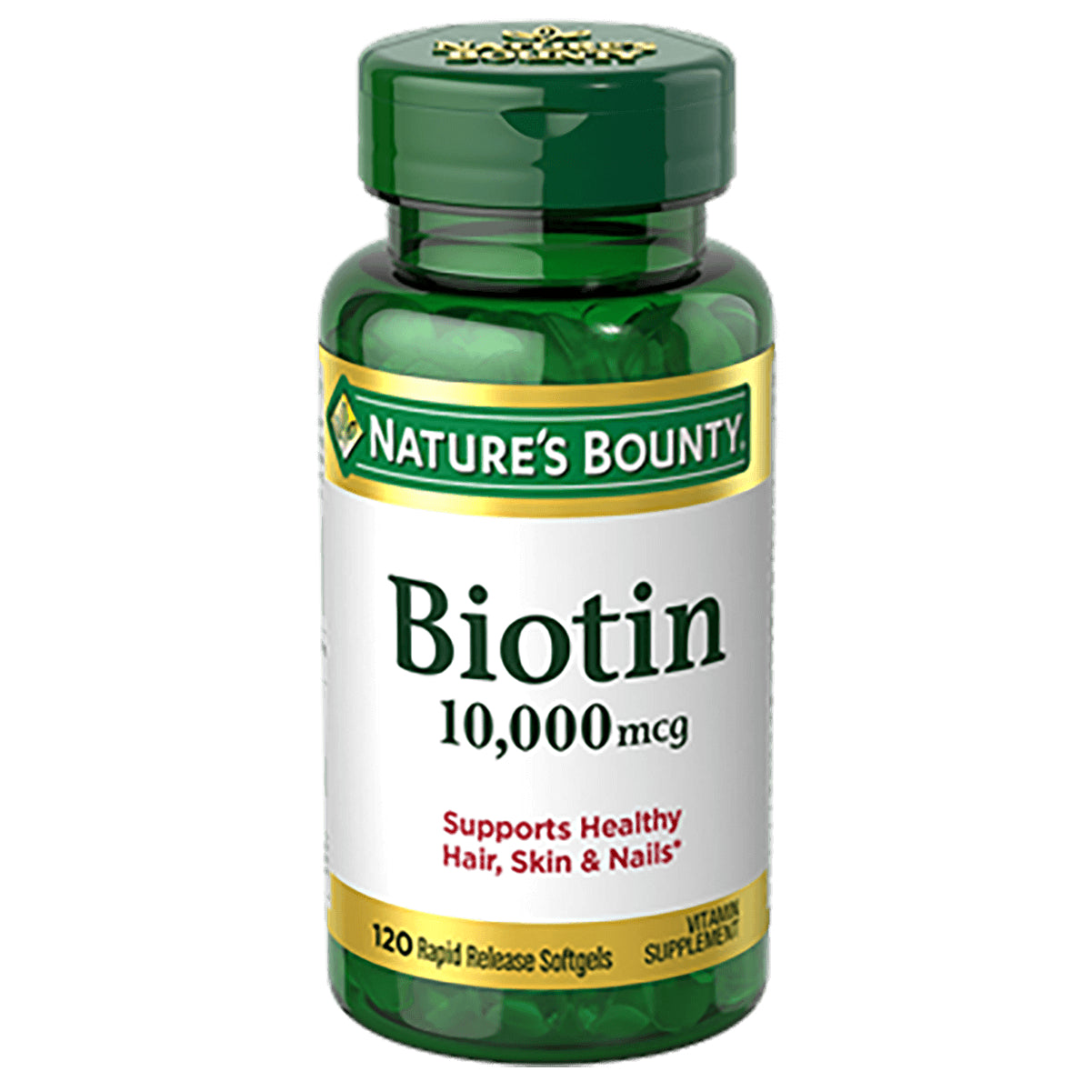 NBY057 | Nature's Bounty Biotin 10,000 mcg bottle, 120 rapid release softgels, supports healthy hair, skin & nails